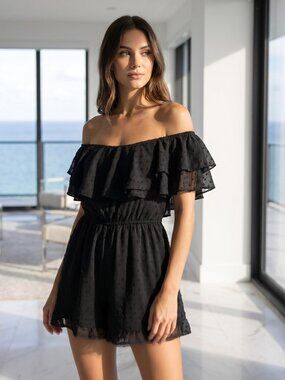 NWT LULU'S black Swiss dot romper off shoulders ruffles S